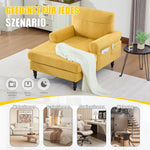 Single Sofa Lounger with Side Pockets and Wooden Legs, Chenille Fabric