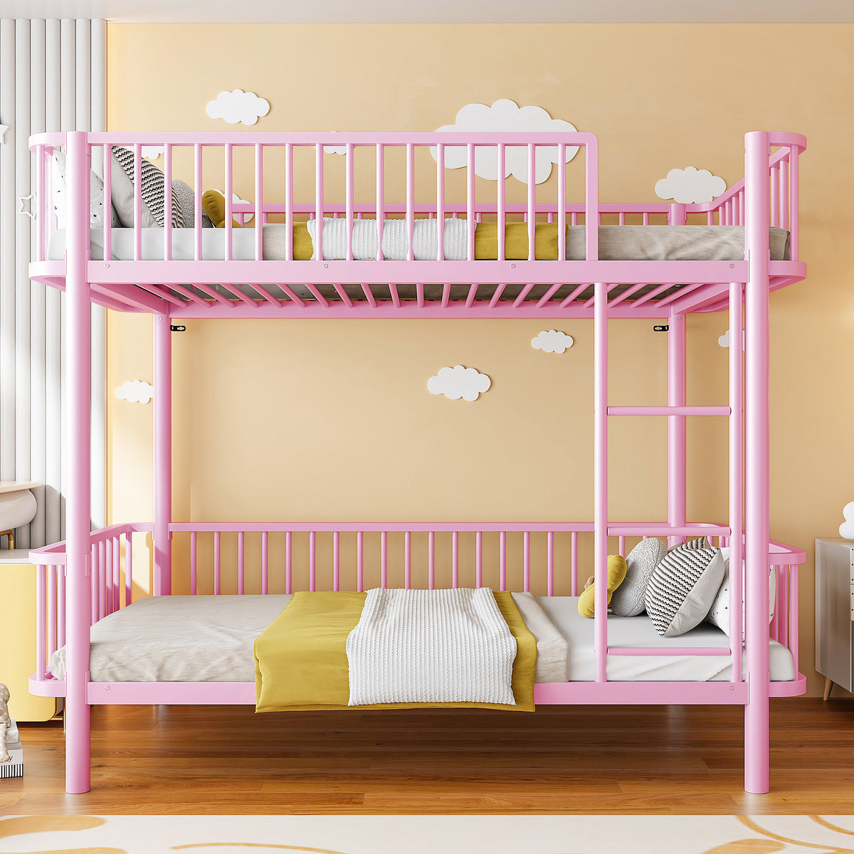 Metal Bunk Bed 90x200 with Safety Railing, Space-Saving, Black, Pink