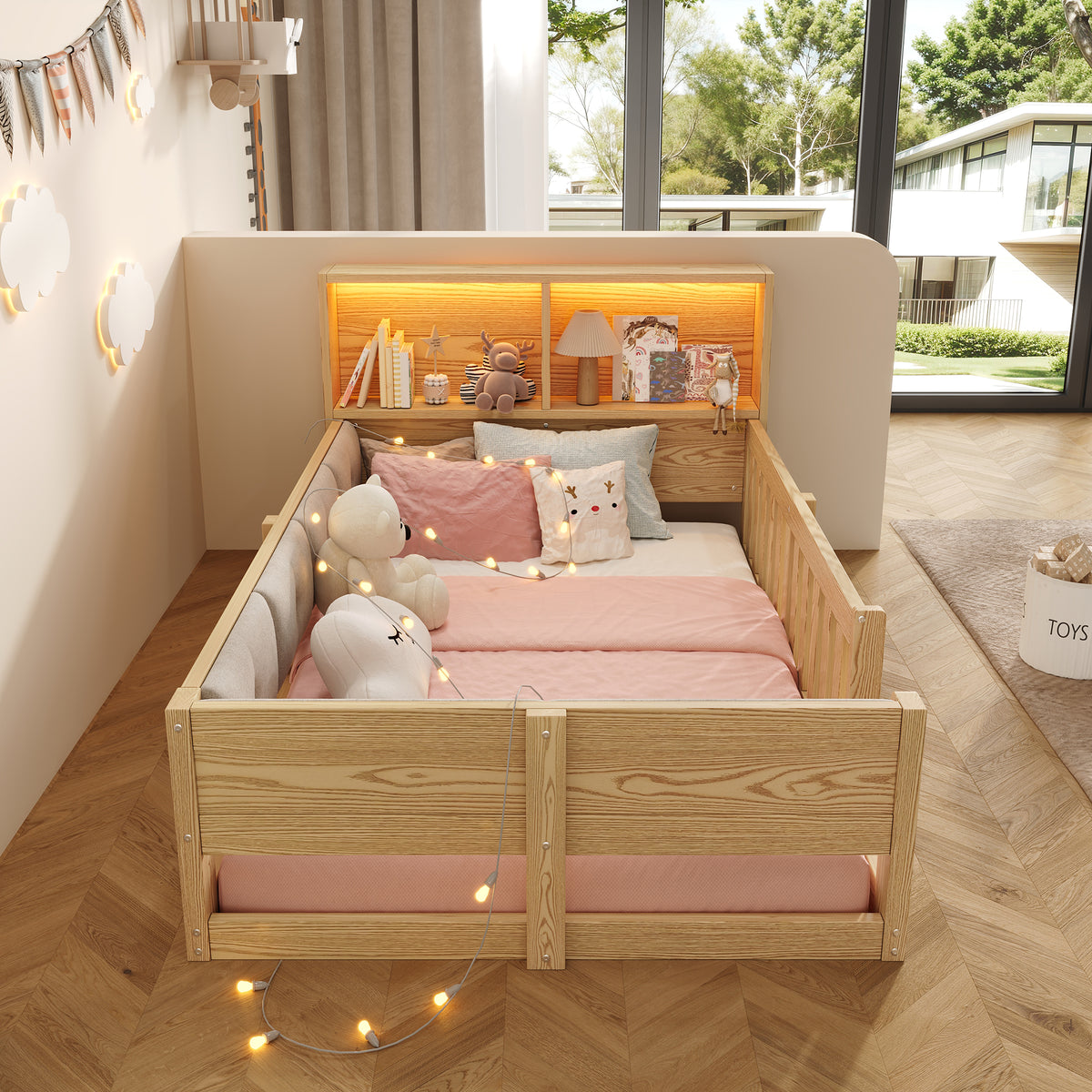 Children's Flatbed 90x200cm with Railings & LED Light, Natural