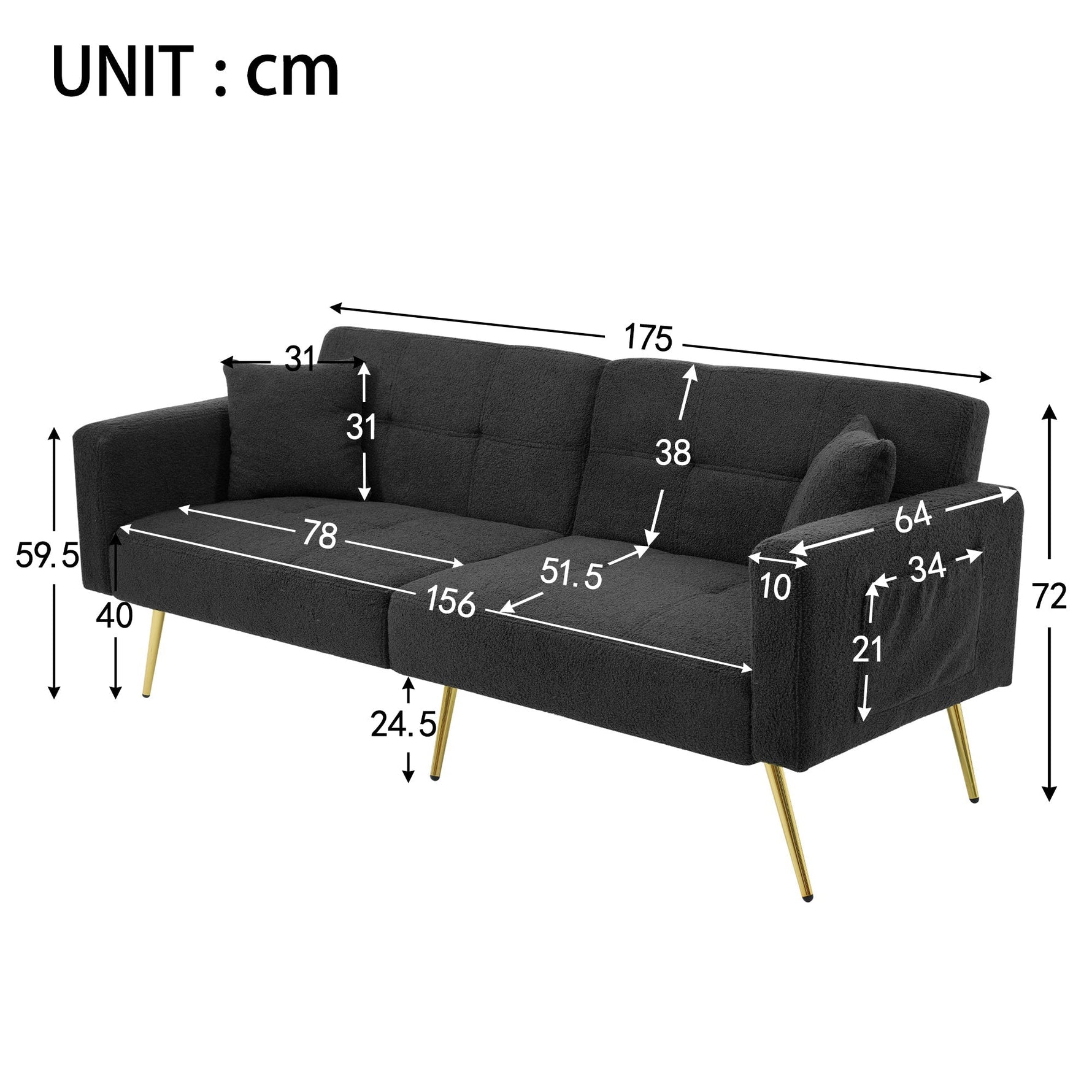 Sofa Bed, Adjustable Angle with Cushions & Storage Pockets, Golden Legs