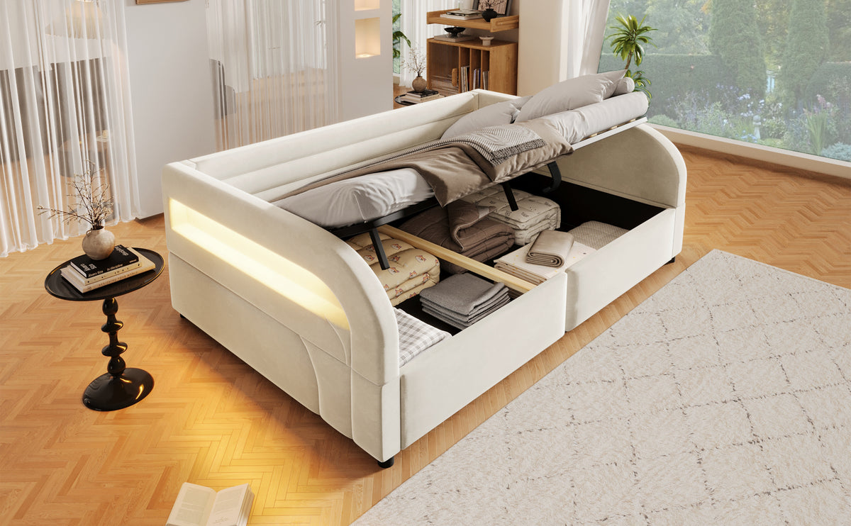 Upholstered Platform Bed 140x200, Hydraulic Storage & LED, Beige