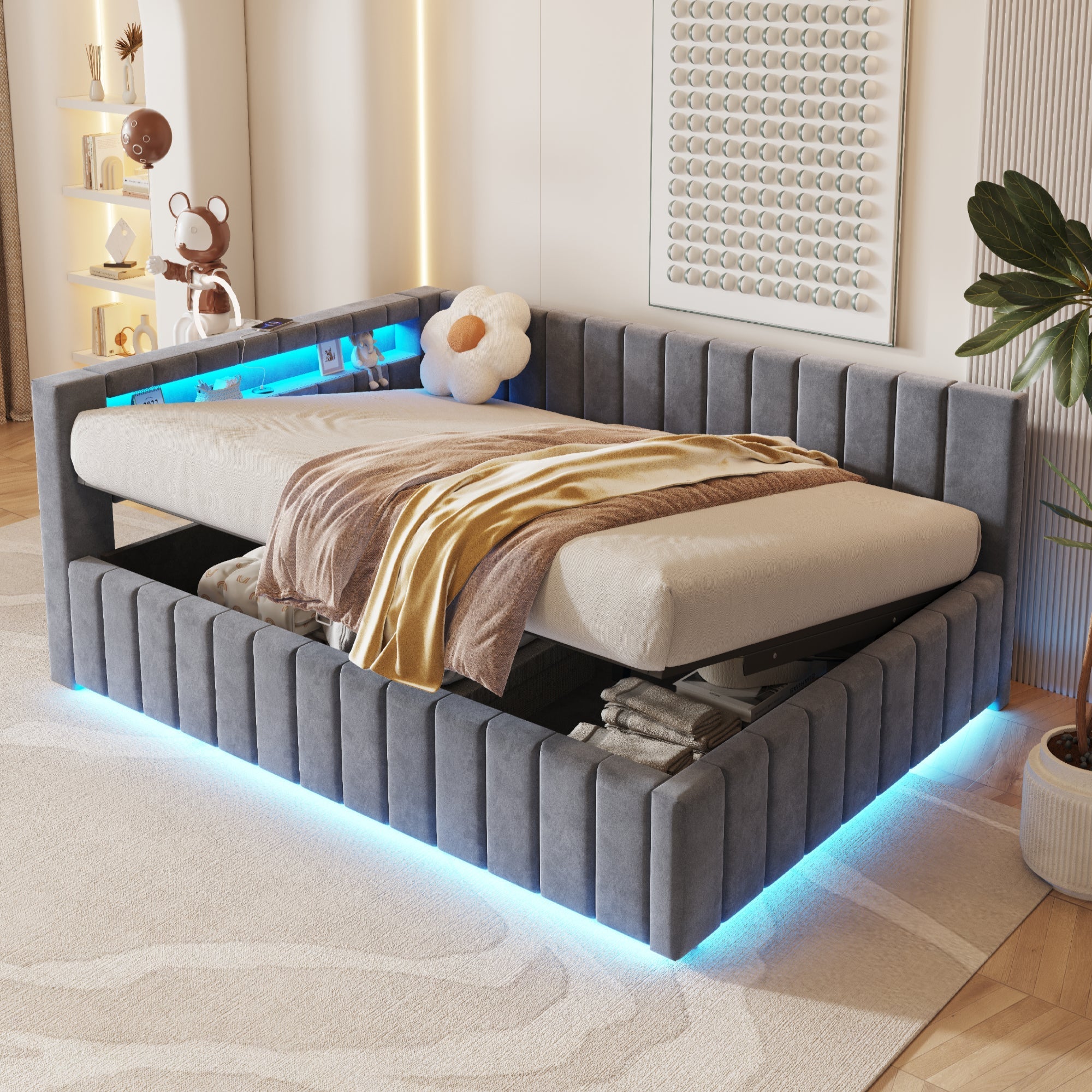 Upholstered Bed/Sofa Bed 140x200 Hydraulic Storage LED/USB Velvet Grey