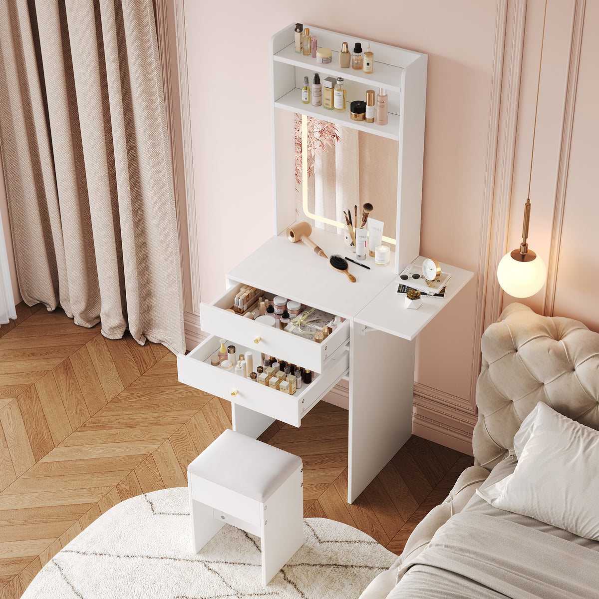 Small Dressing Table with LED Lighting, Stool & Drawers, White