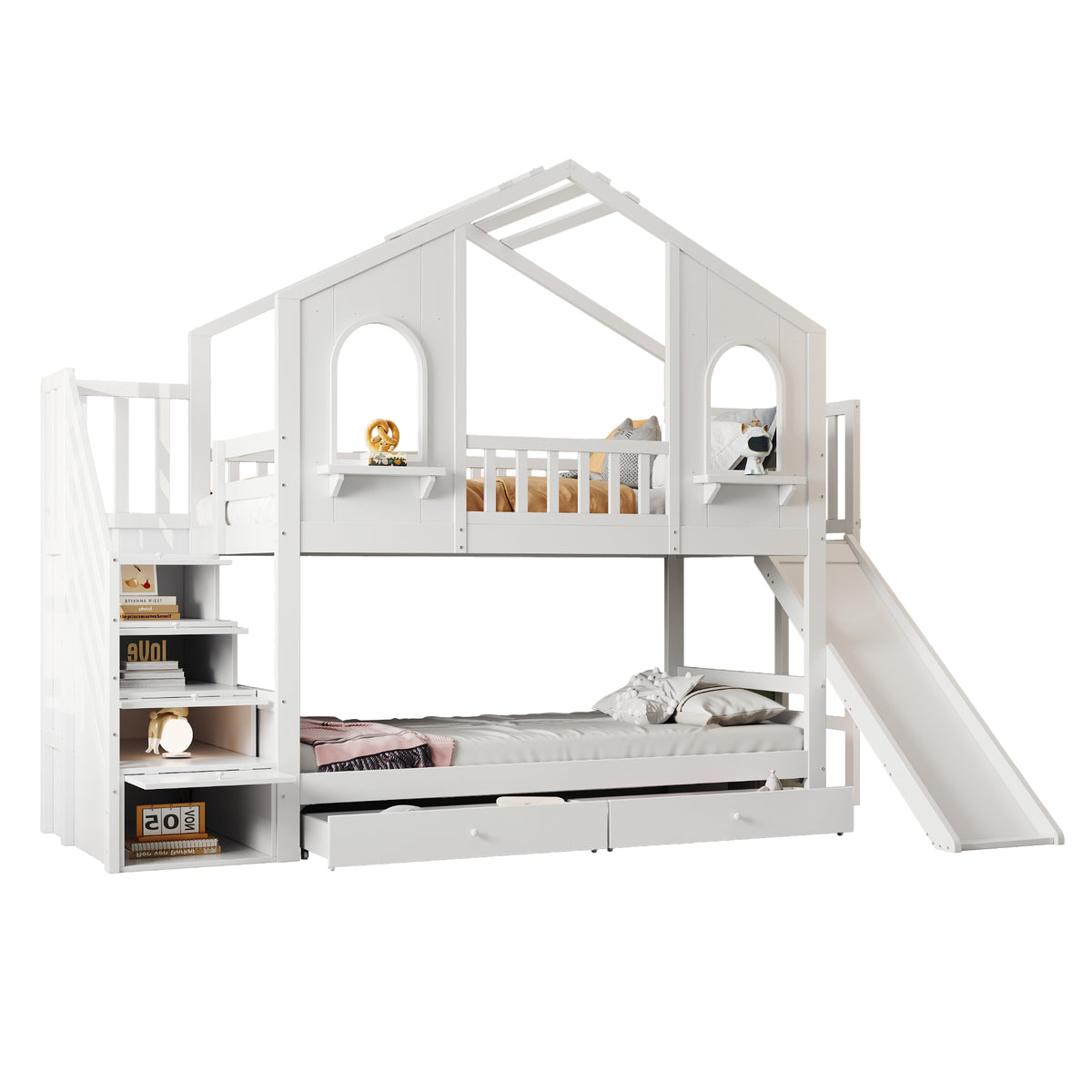 Children's Bunk Bed 90x200 House Shape with Ladder & Slide, White