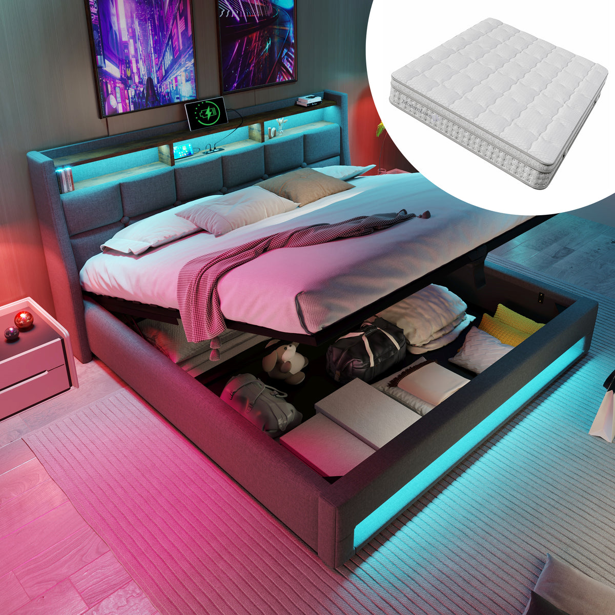 Upholstered Double Bed 140x200 cm with LED & USB in Linen