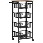 Kitchen Trolley Serving Cart with Worktop, 4 Extendable Baskets, Oak