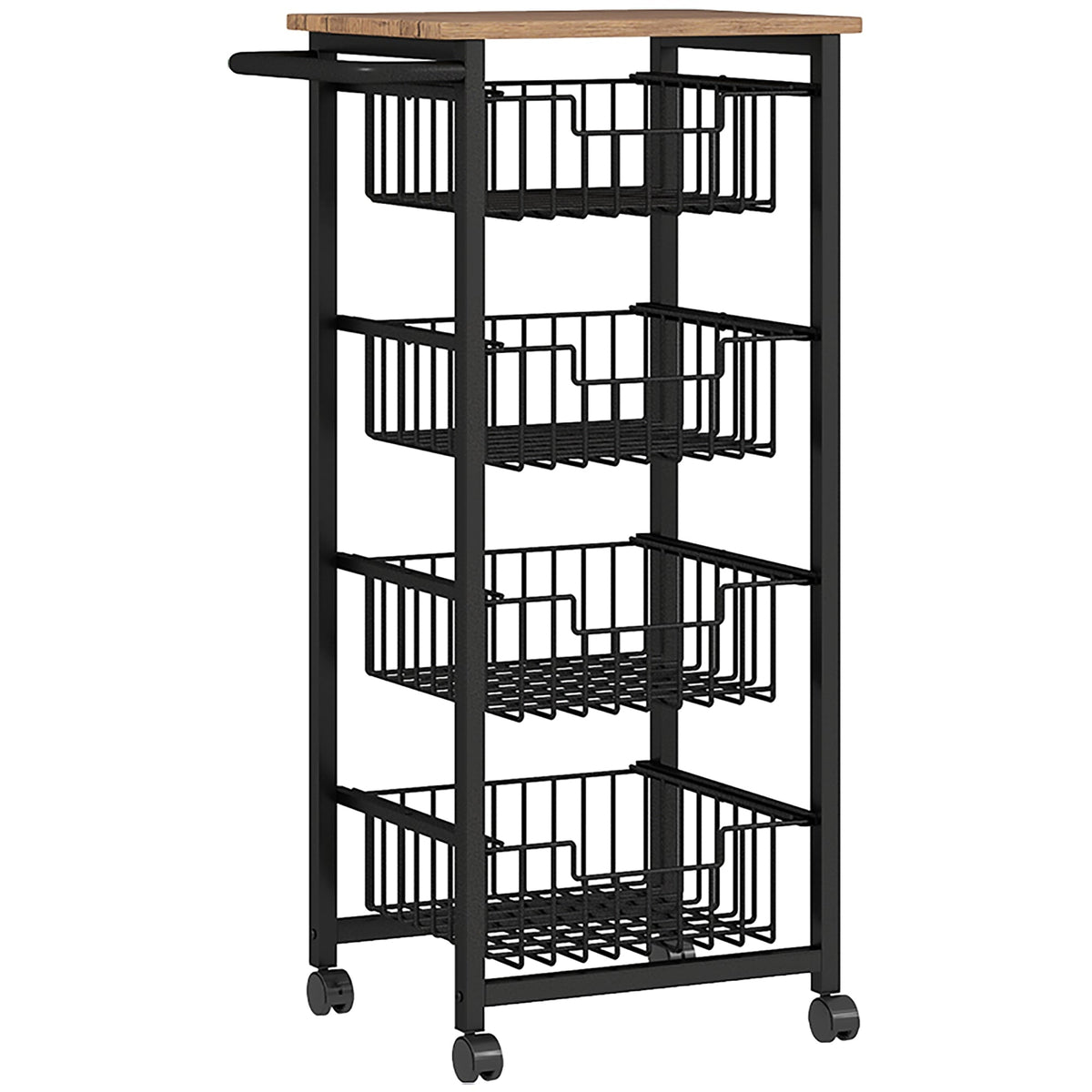Kitchen Trolley Serving Cart with Worktop, 4 Extendable Baskets, Oak