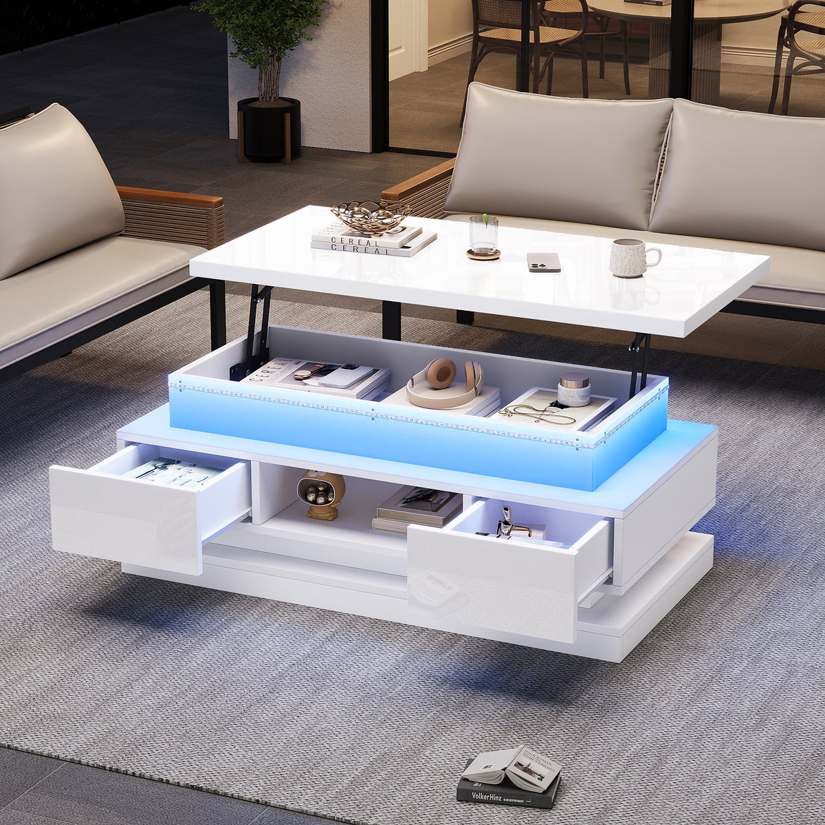 Liftable Coffee Table with 2 Drawers and LED Lighting, White Chipboard