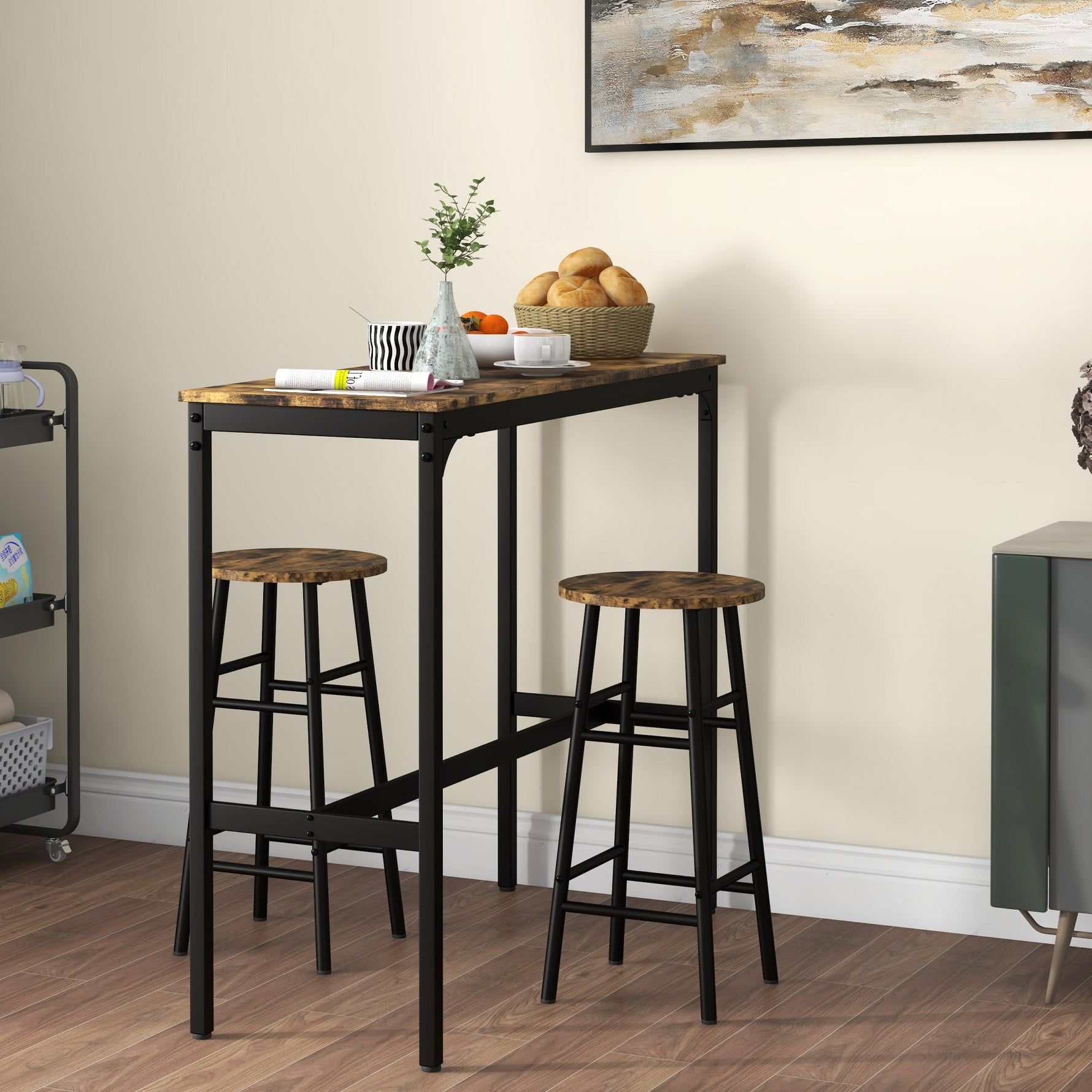 Bar Table Set, 3-Piece with 2 Bar Stools, Steel, Rustic Brown