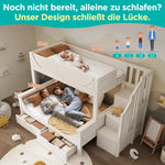 Bunk Bed with Ladder, Wardrobe, & Drawers, Sleigh Design 90/140x200cm Wooden White