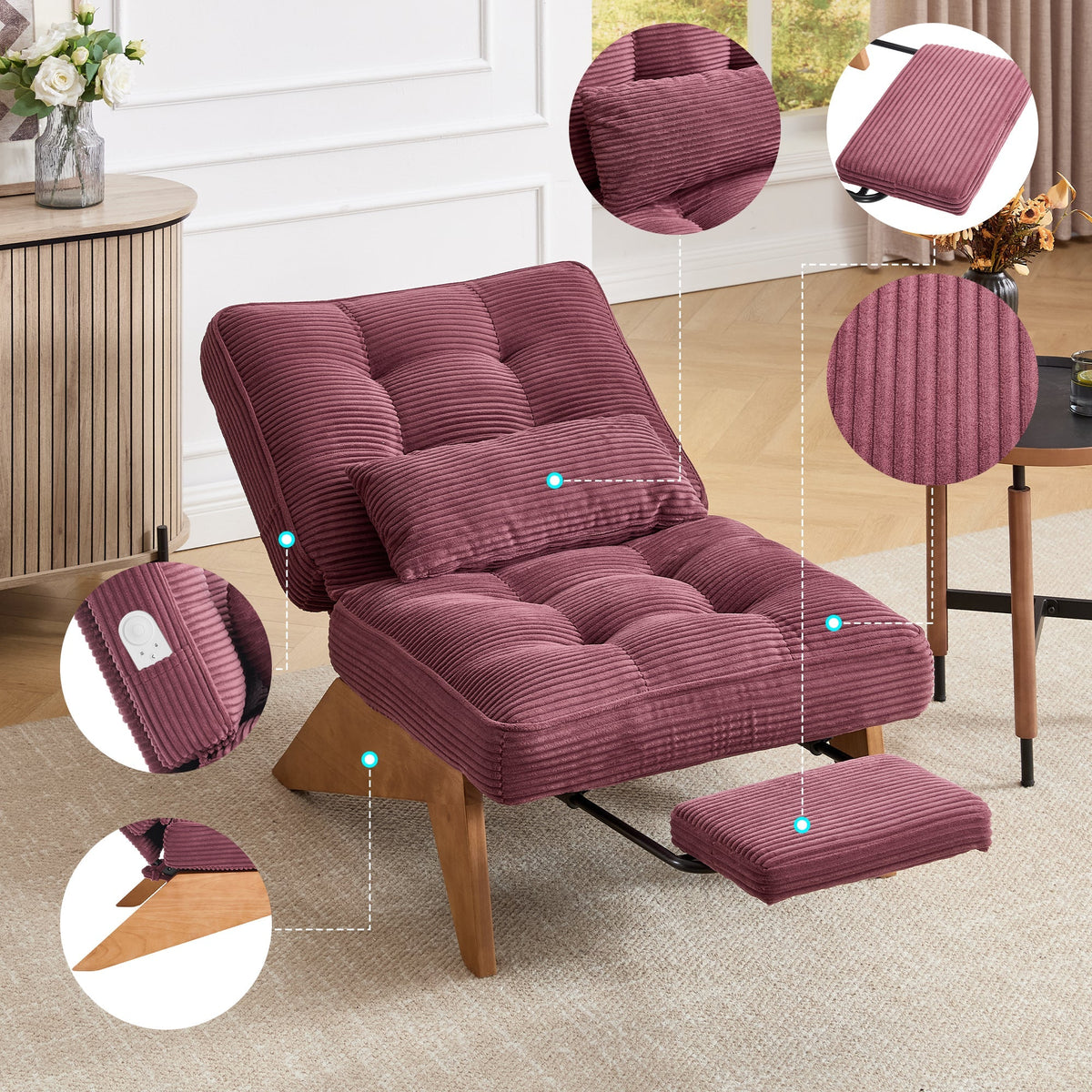 Modern Adjustable Backless Lounge Chair with Footrest, Lumbar Cushion, Wooden Legs - Fabric