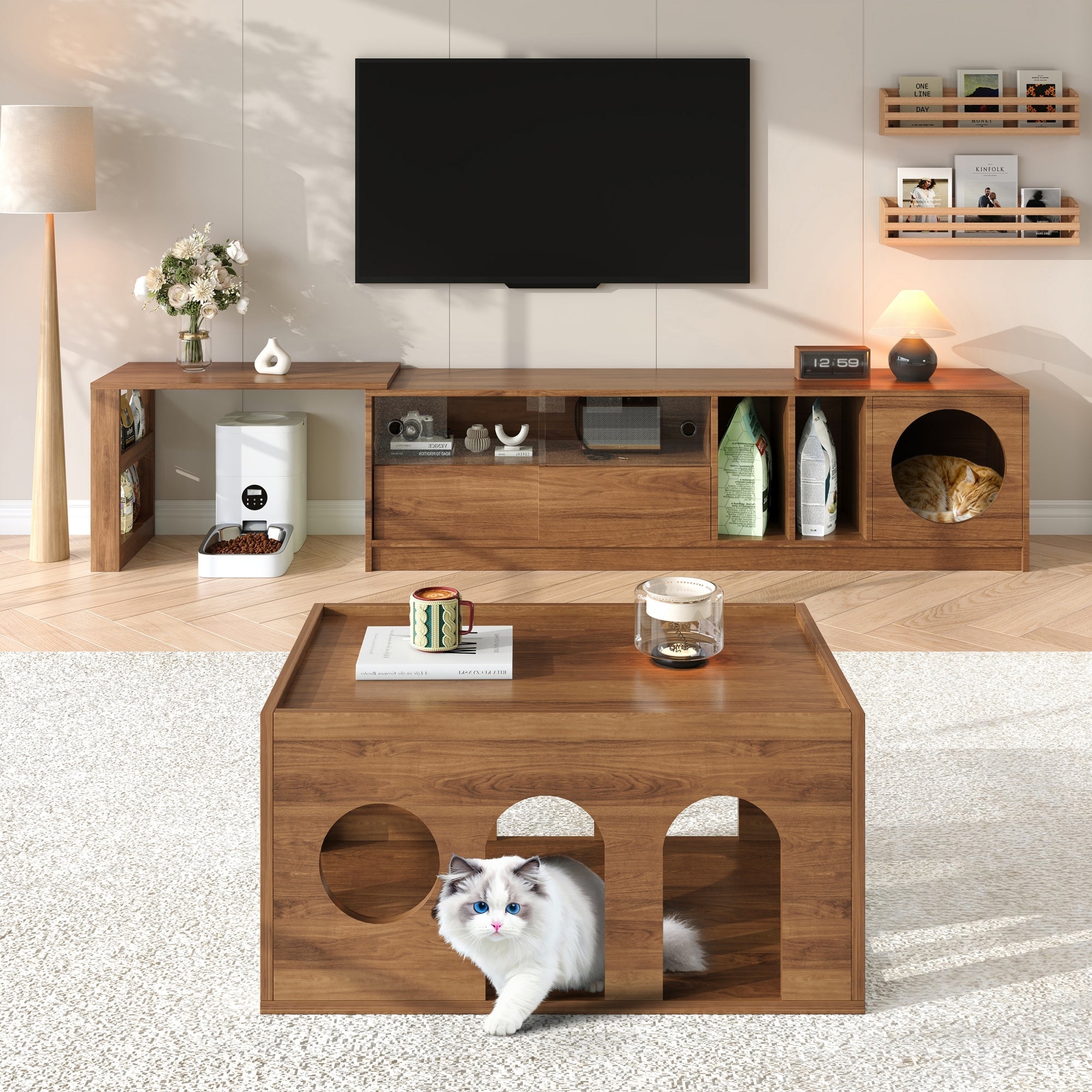 TV Cabinet Coffee Table Set, 2-Piece Rotating Multifunctional Cat Basket, Walnut