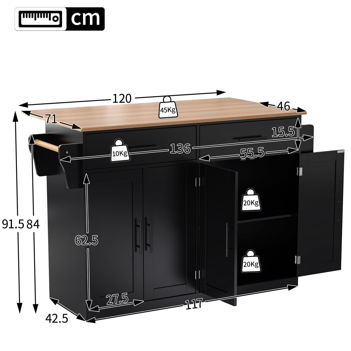 Serving Trolley 120cm Folding Tabletop Casters Wood Legs Black