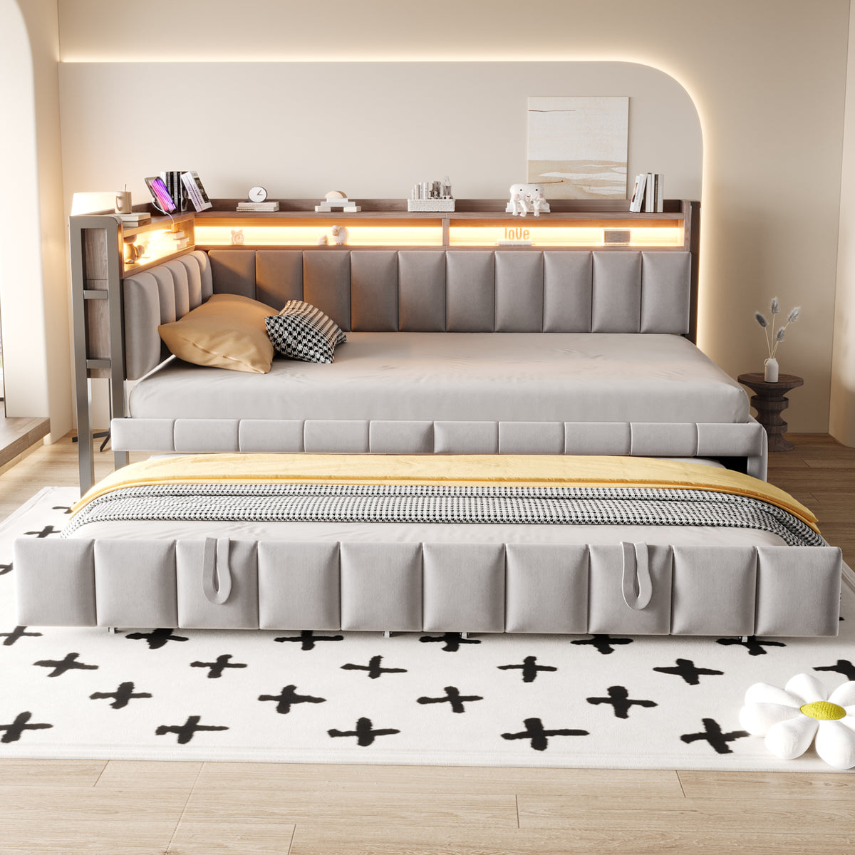Upholstered Sofa Bed 90x200cm, Pull-Out Bed & LED, Light Grey Velvet