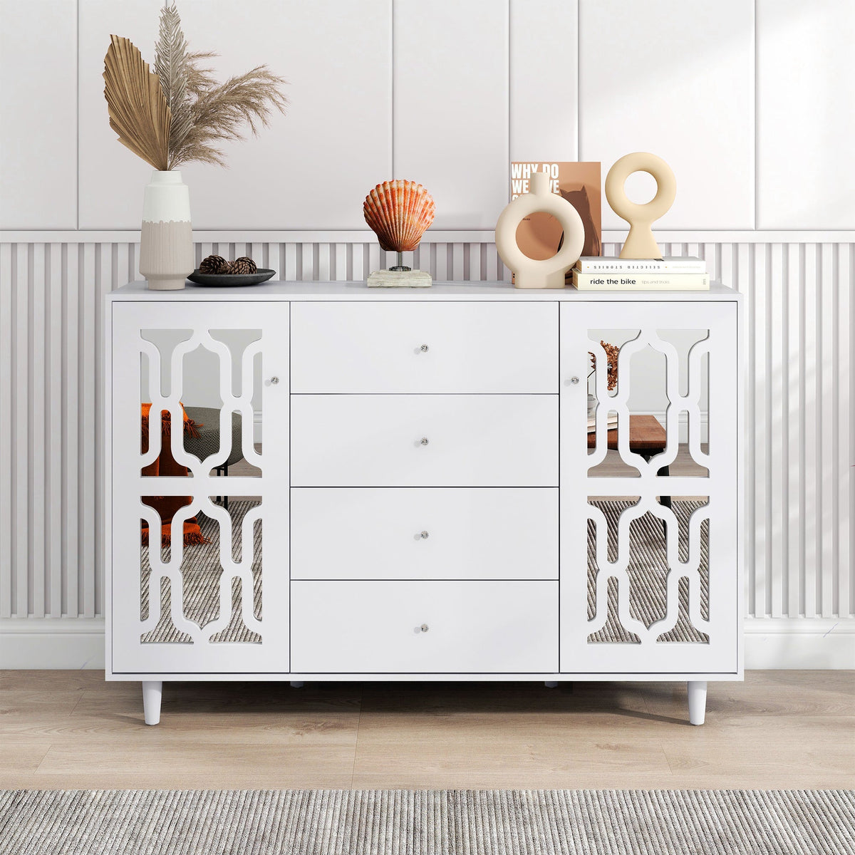 Mirrored Sideboard Crystal Handles 147.5x40x102cm, White