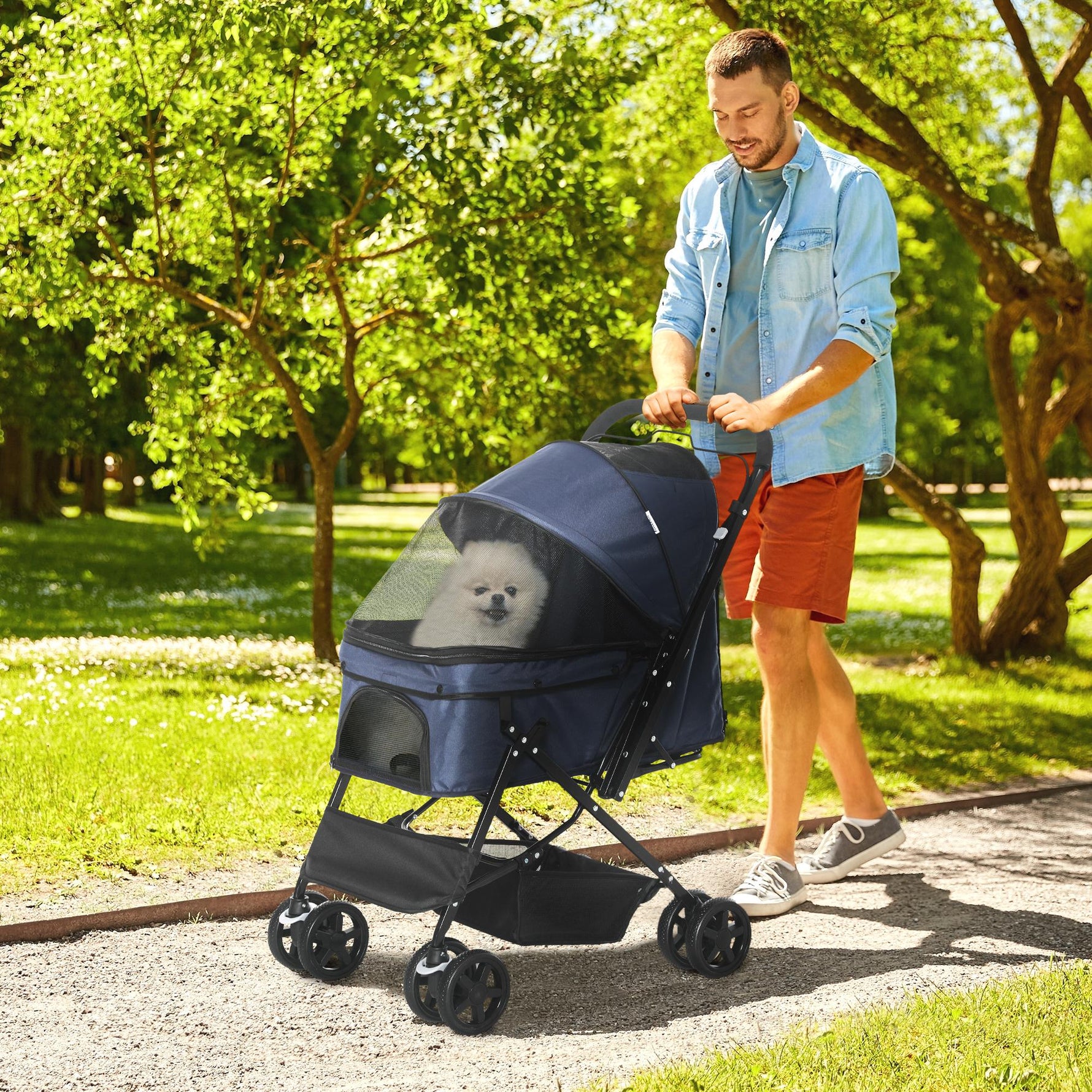 Pet Stroller Cat Buggy, Foldable Lightweight, Oxford Blue