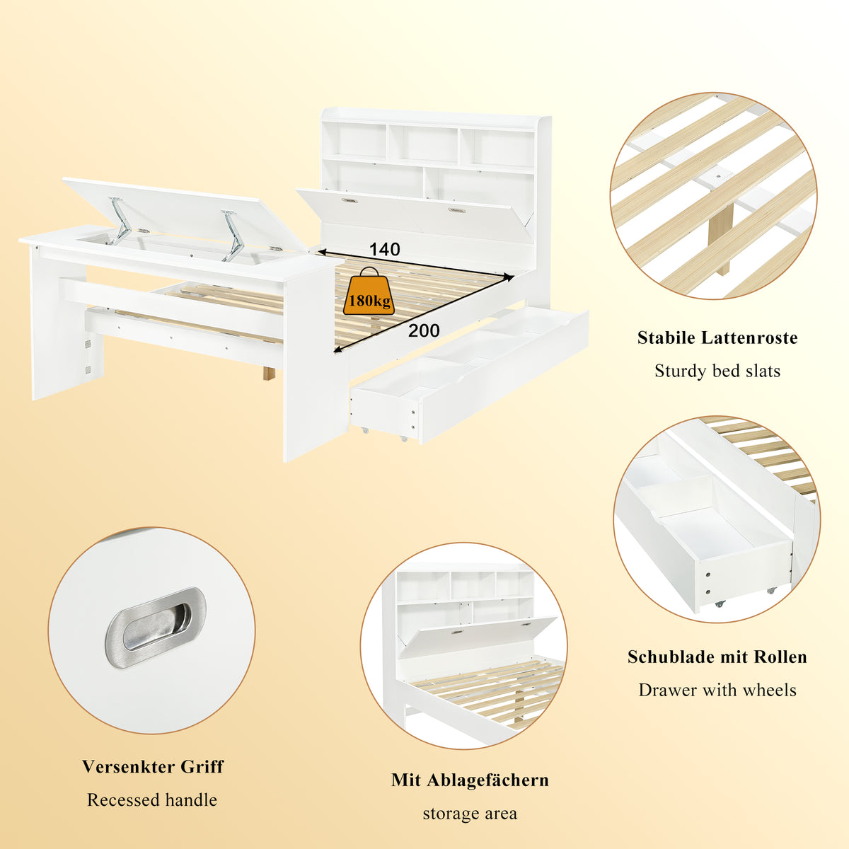 Children's Bed 140x200cm with Storage & Desk in White Wood