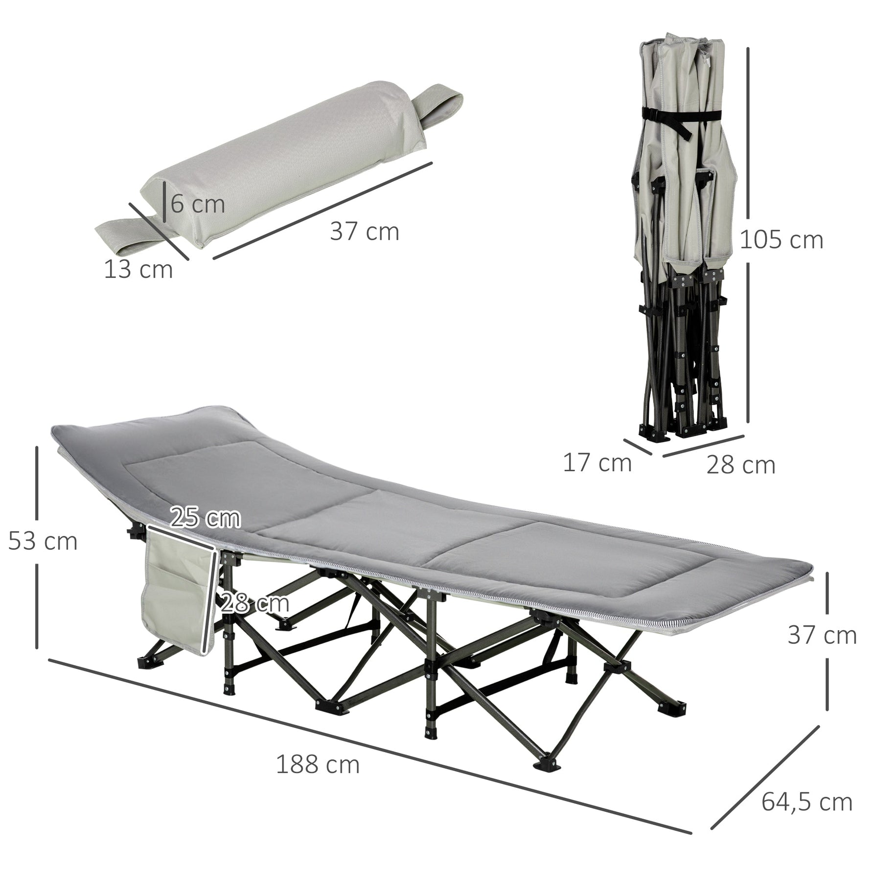 Camping Bed Folding with Pillow, Side Pocket, 150kg, Light Grey