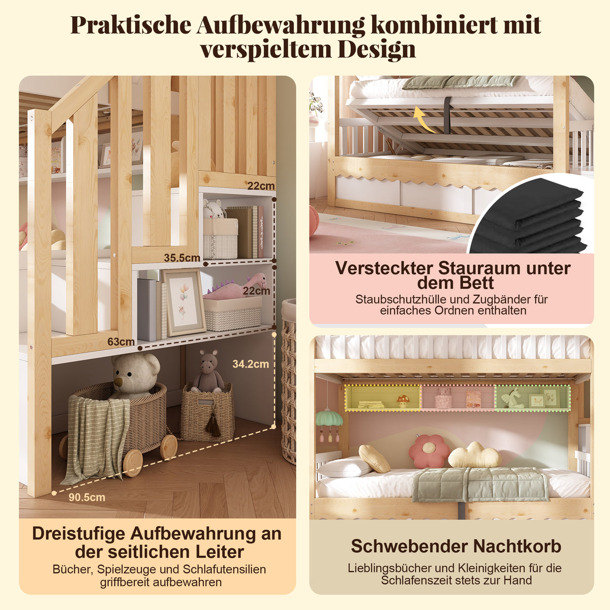 Children's Bunk Bed 90x200 with Storage & Stairs, White & Oak
