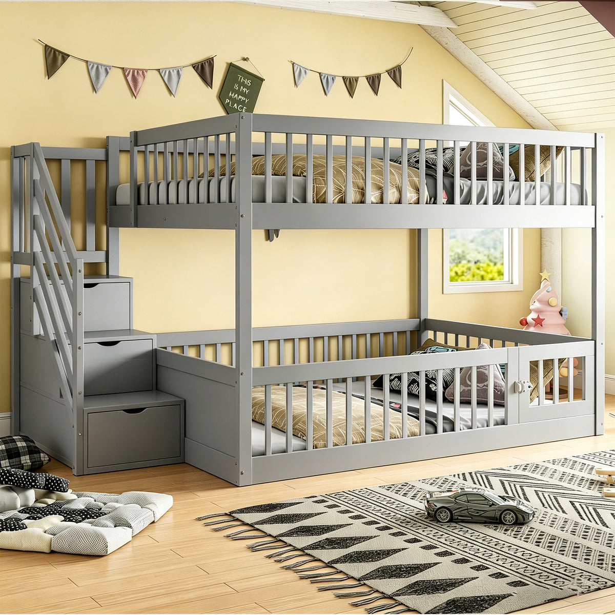 Bunk Bed 140x200 with Safety Stairs & Drawers, Grey Wood
