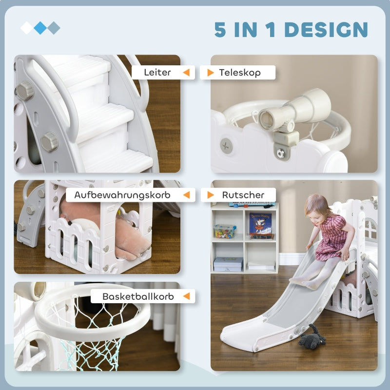 Children's Slide, 5 in 1 Toddler Slide with Basketball Hoop and Climbing Frame, Grey