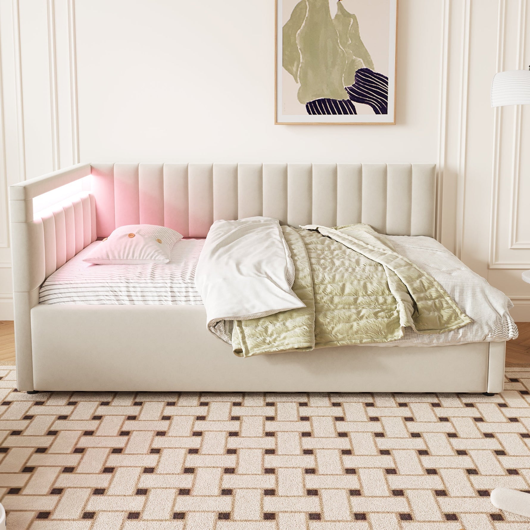 Upholstered Sofa Bed 90x200 with LED & Storage, Velvet, Beige