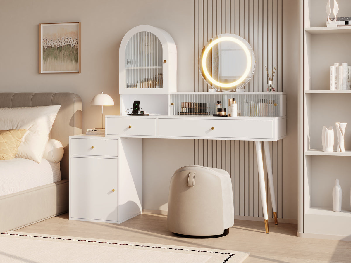 Vanity Table with LED Mirror & USB Ports, L-Shape Design, White