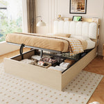 Wooden Flatbed 140x200 with Hydraulic Storage & USB, Wood Color