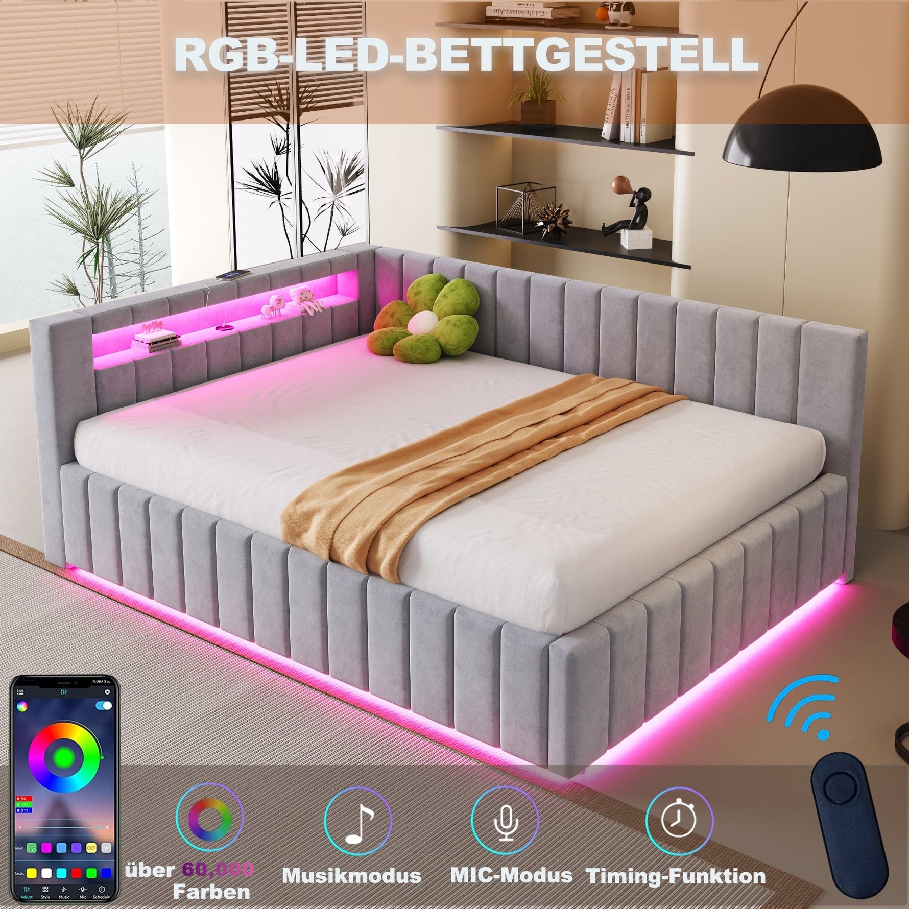Upholstered Bed/Sofa Bed 140x200 Hydraulic Storage LED/USB Light Grey Velvet Fabric