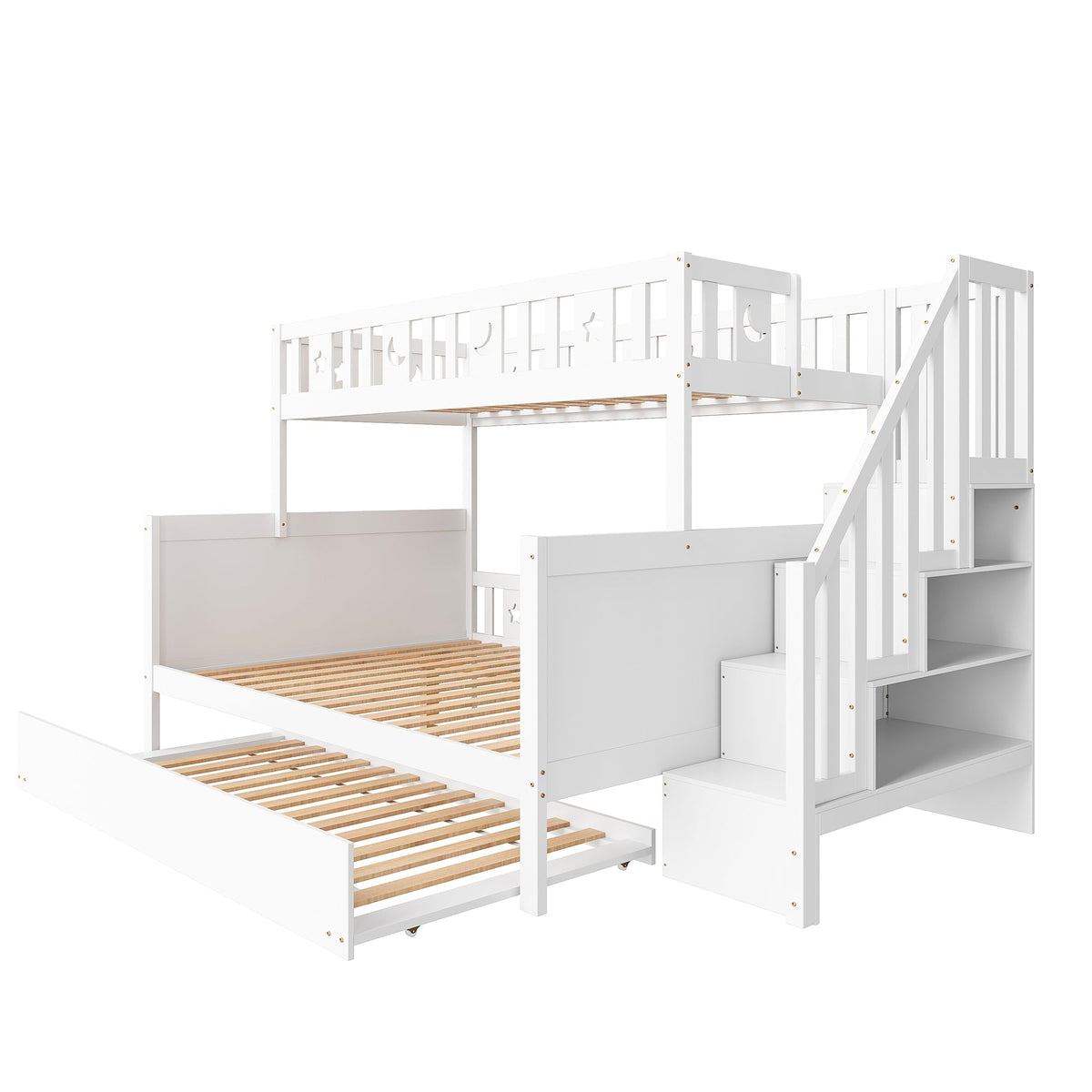 Children's Bunk Bed 90x200/140x200cm Safety Stairs Rollaway Bed Slatted Base, Solid Wood White