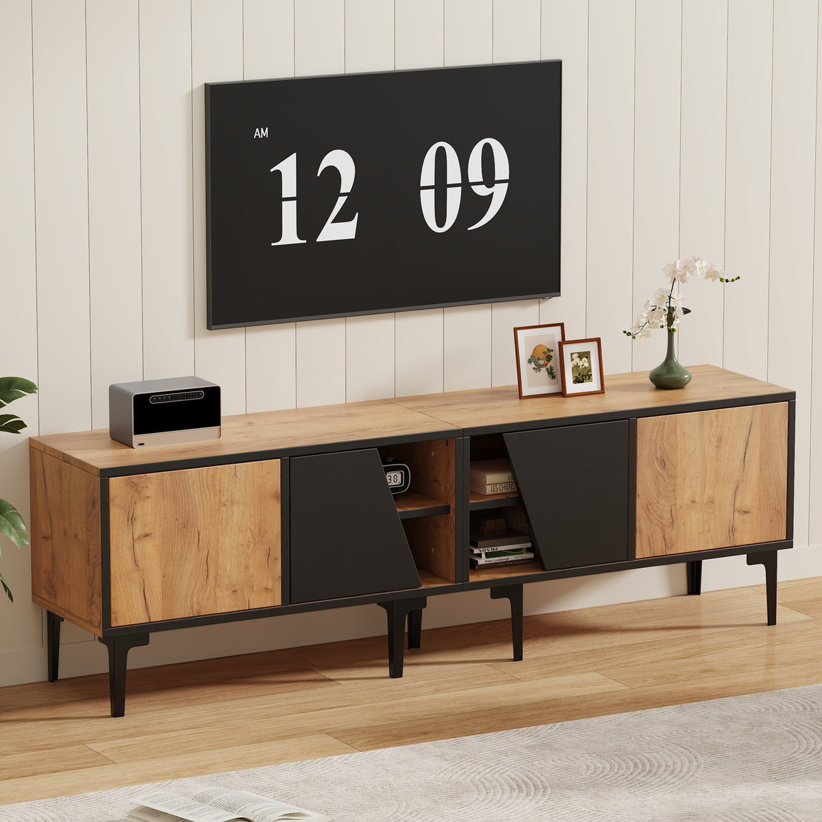 TV Cabinet Lowboard 160cm 4 Compartments Minimalist for 65 Inch TV - Natural Wood Color