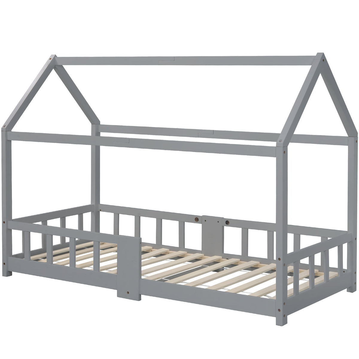 Children's House Bed 90x200cm Chalkboard Slatted Base Safety Rail Pine Wood, Grey