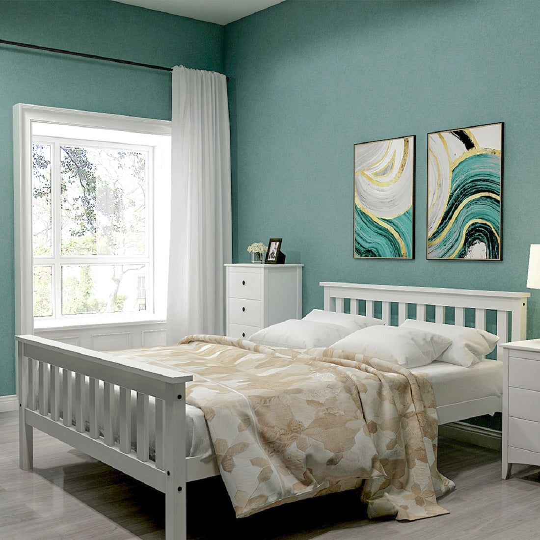 Double wooden bed with slatted frame for adults children teenagers white