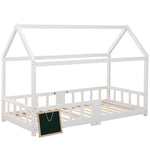 Children's House Bed 90 x 200 cm, with Blackboard & Slatted Frame, White Pinewood