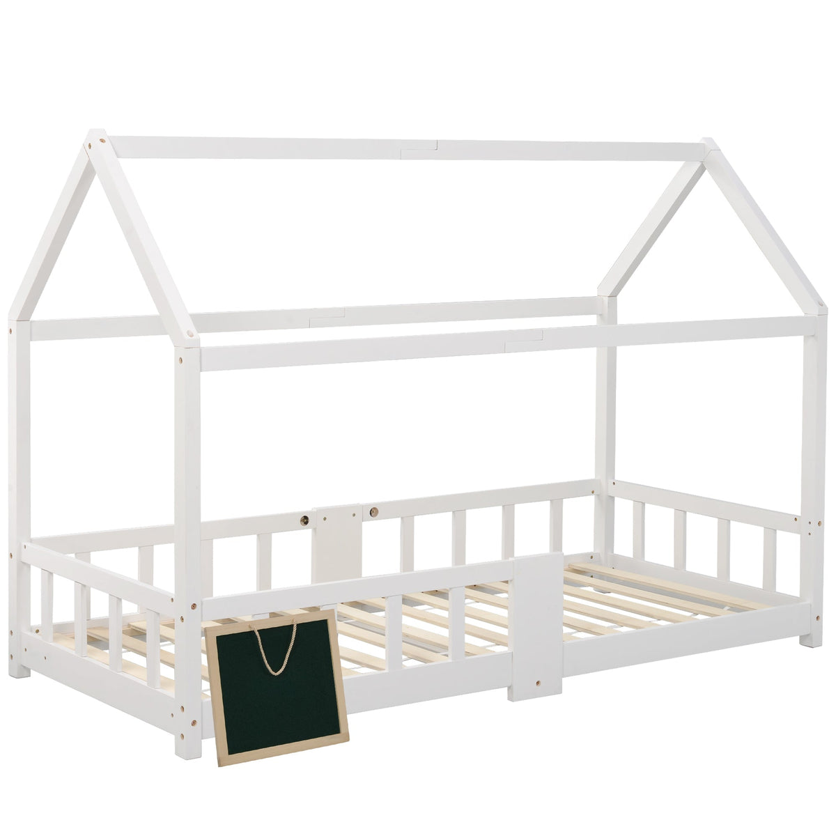 Children's House Bed 90 x 200 cm, with Blackboard & Slatted Frame, White Pinewood