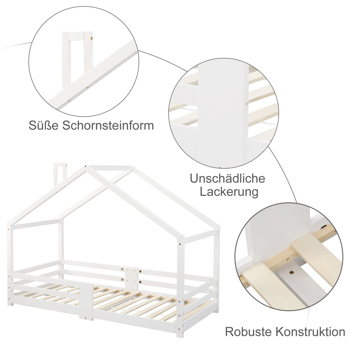 Children's Bed House Bed with Chimney, Fall Protection, Slatted Frames, Pinewood, White