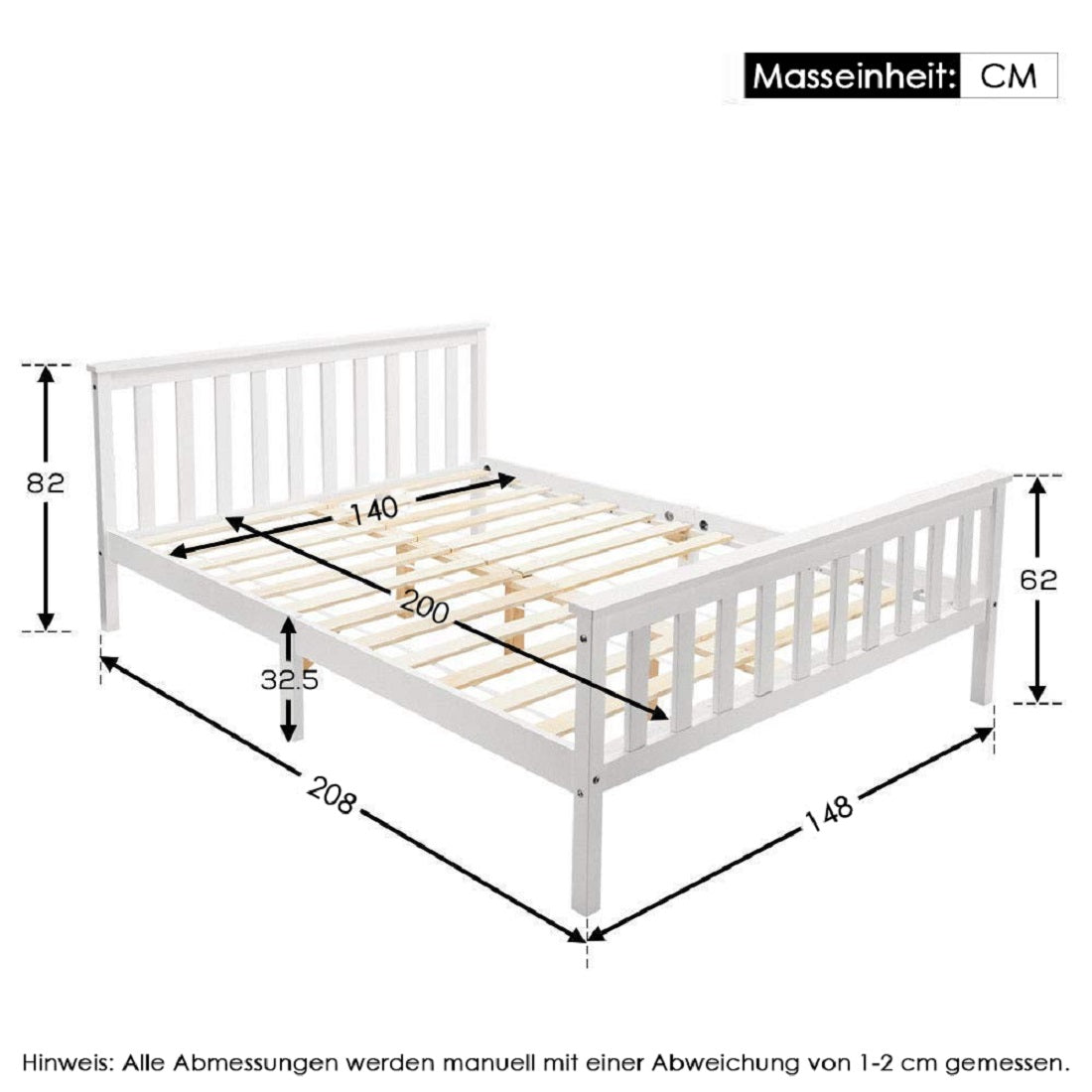 Double wooden bed with slatted frame for adults children teenagers white