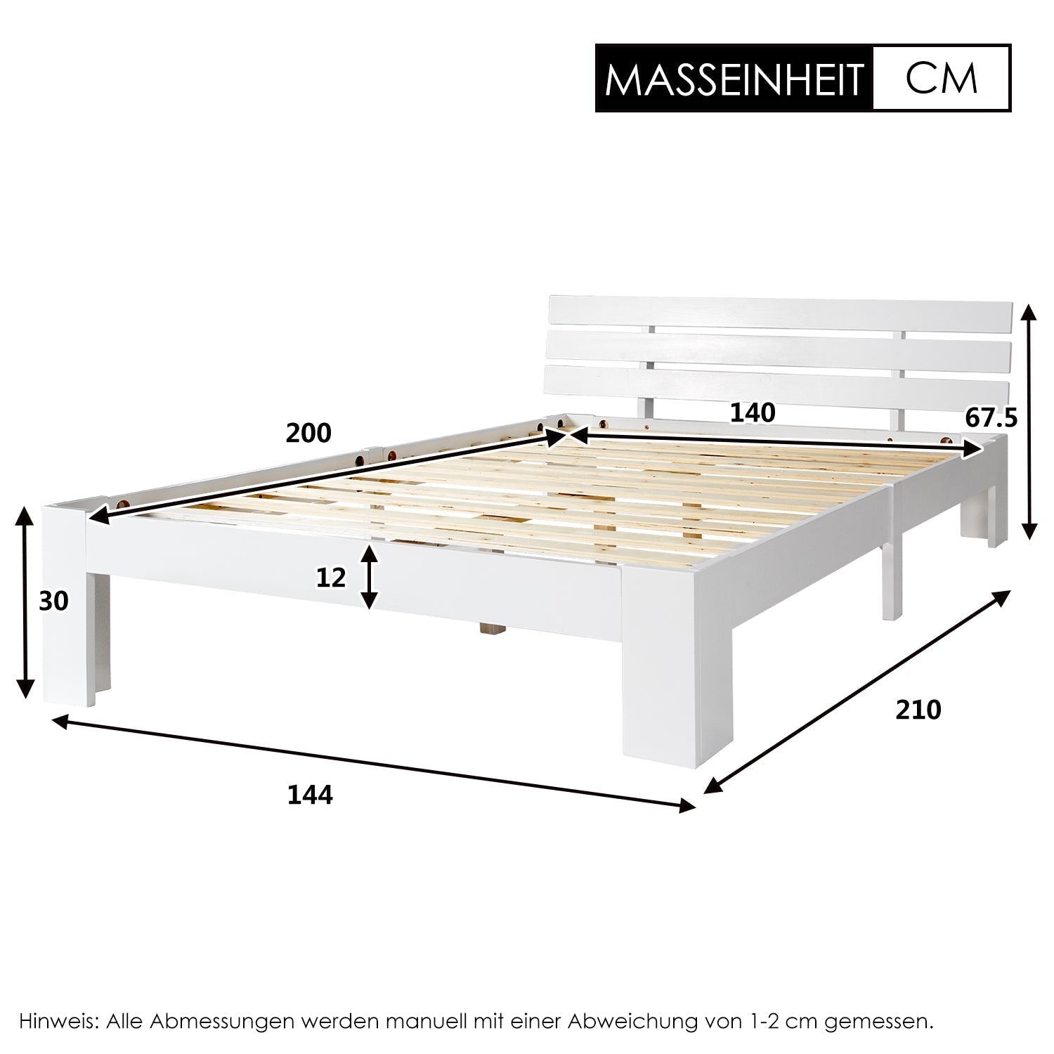 Wooden Double Bed with Headboard, Slatted Frame, Pine