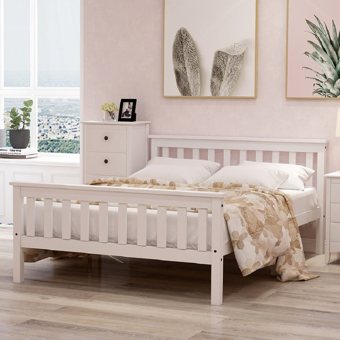 Double wooden bed with slatted frame for adults children teenagers white