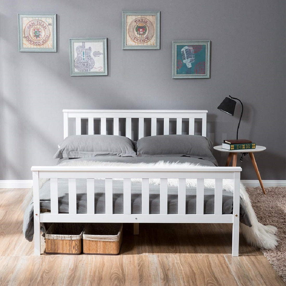 Double wooden bed with slatted frame for adults children teenagers white