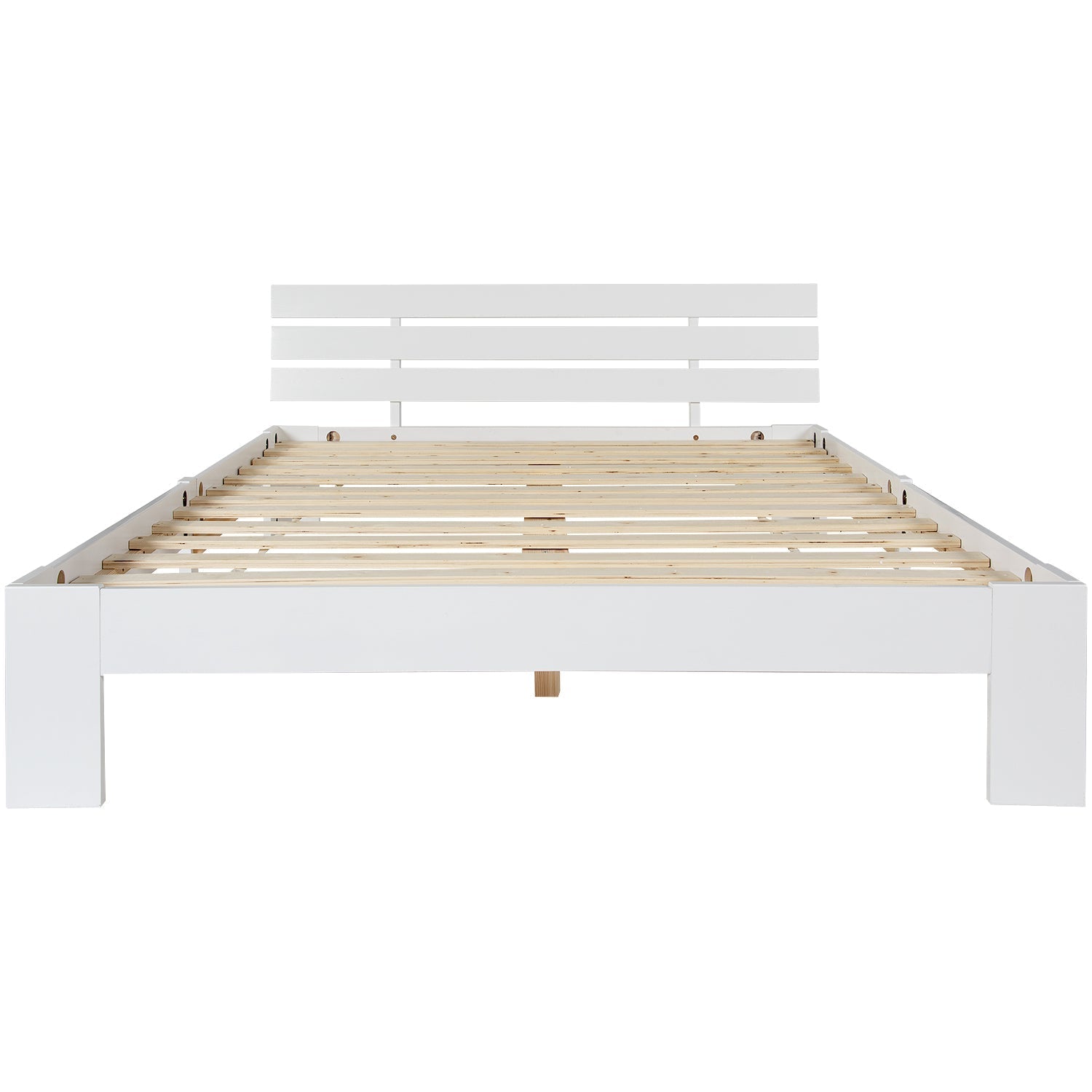 Wooden Double Bed with Headboard, Slatted Frame, Pine