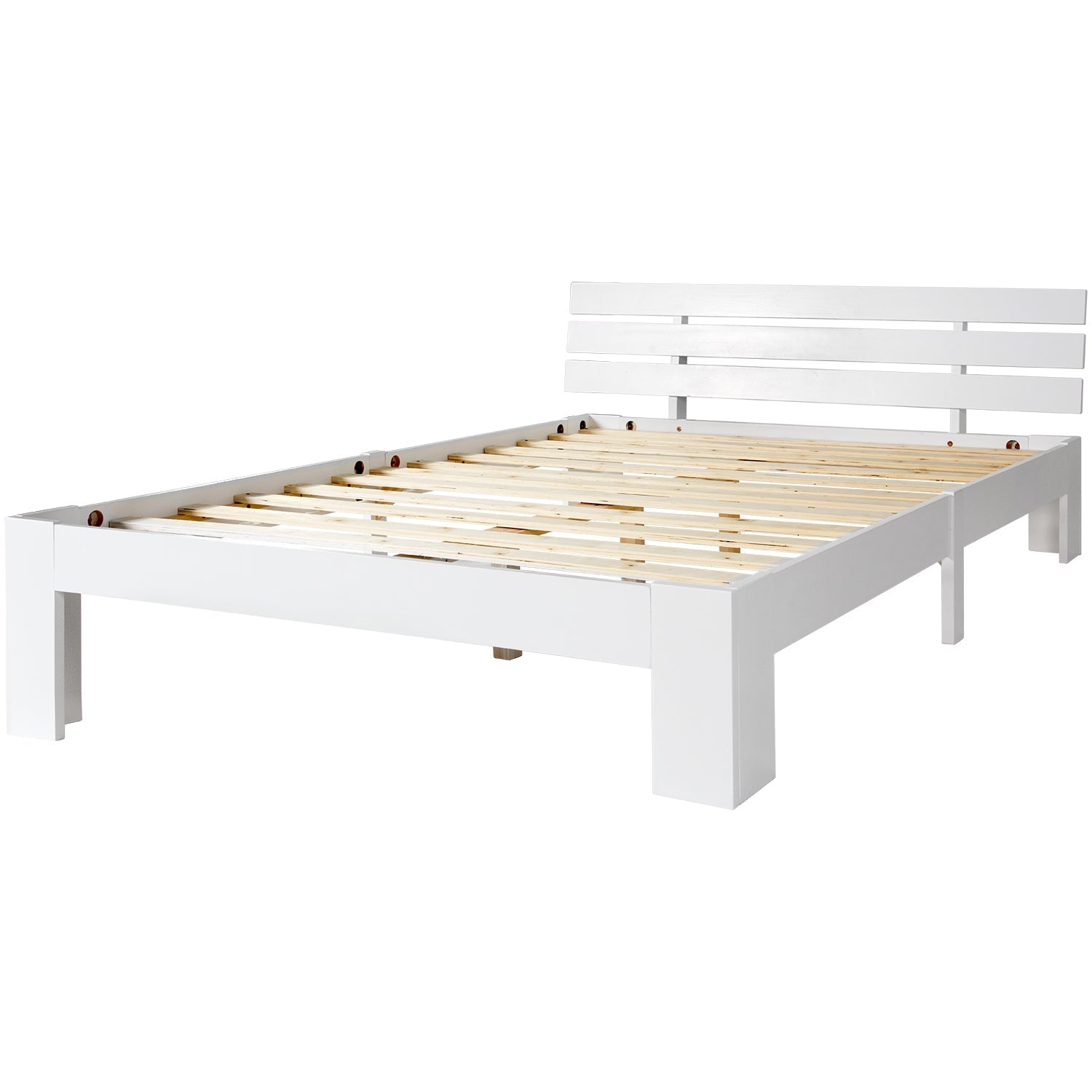 Wooden Double Bed with Headboard, Slatted Frame, Pine