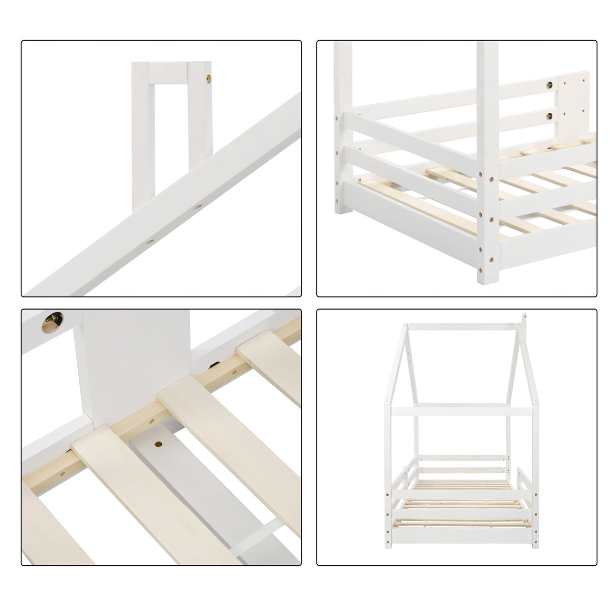 Children's Bed House Bed with Chimney, Fall Protection, Slatted Frames, Pinewood, White