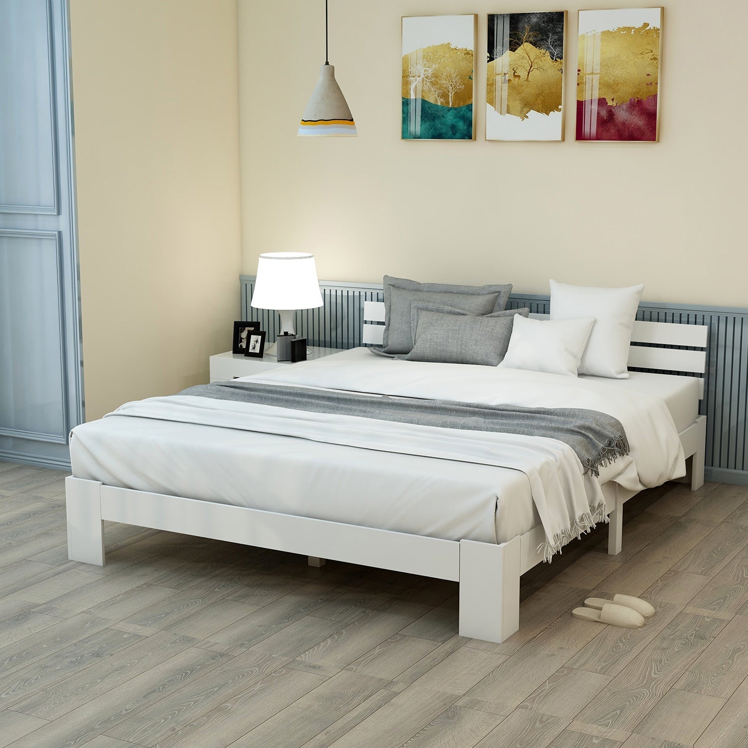 Wooden Double Bed with Headboard, Slatted Frame, Pine