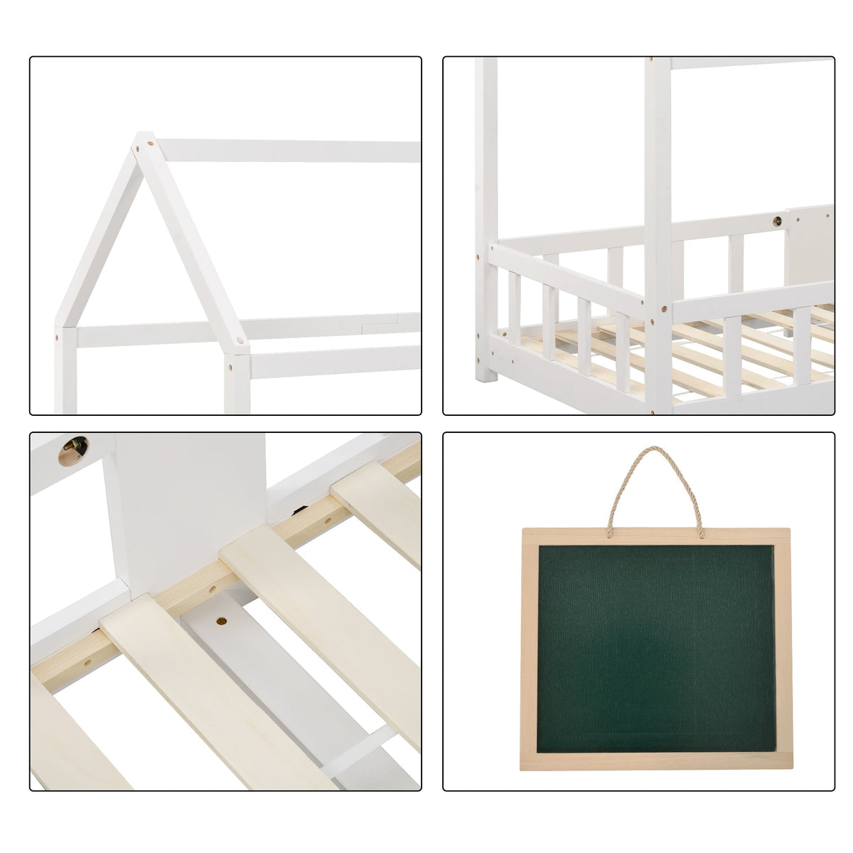 Children's House Bed 90 x 200 cm, with Blackboard & Slatted Frame, White Pinewood