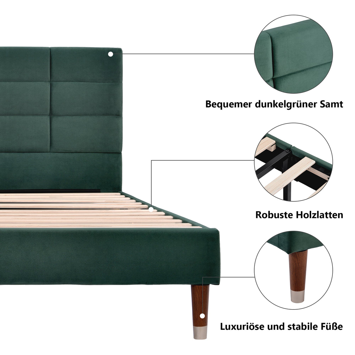 Upholstered Bed, 140x200cm Double with Slatted Frame & Headboard, Dark Green Velvet