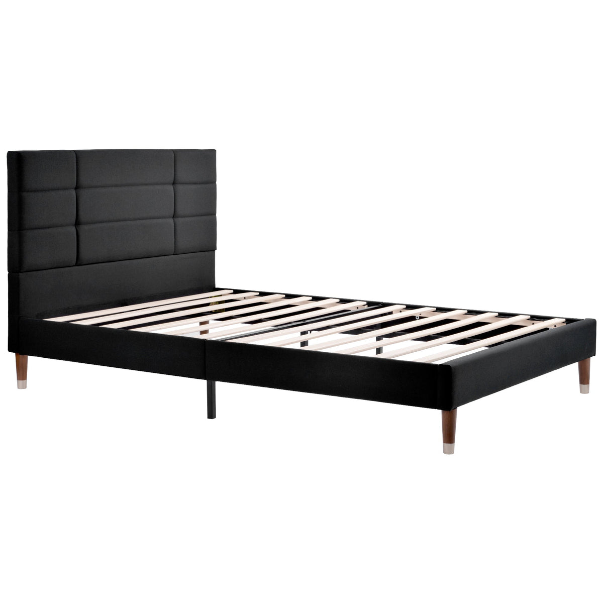 Upholstered Double Bed, 140x200cm with Headboard & Slatted Frame, Black Linen