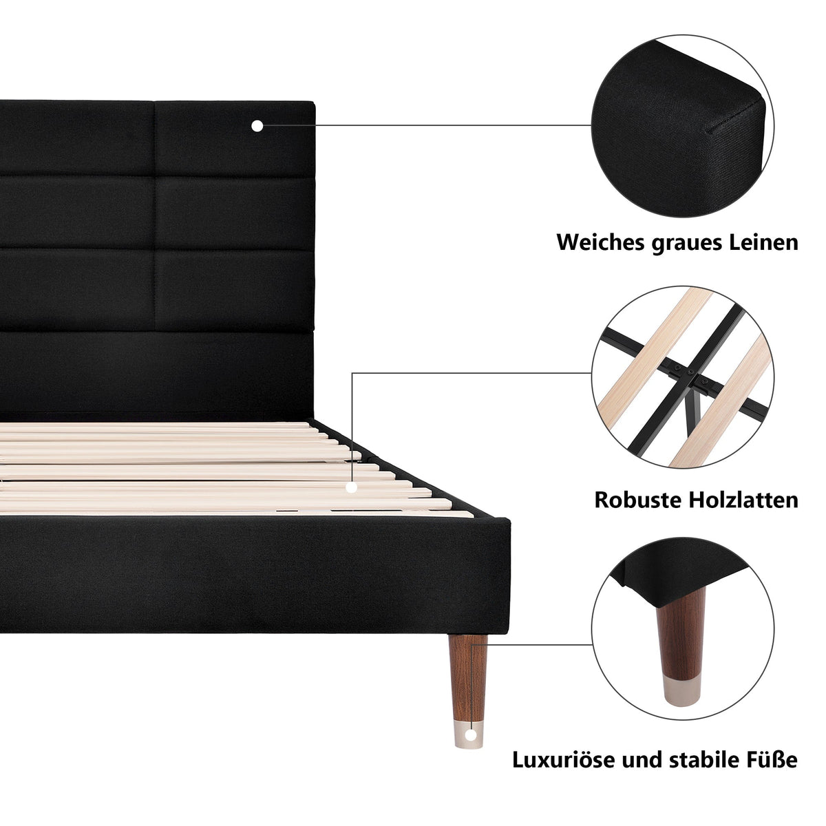 Upholstered bed, double with slatted frame 140x200cm, black linen