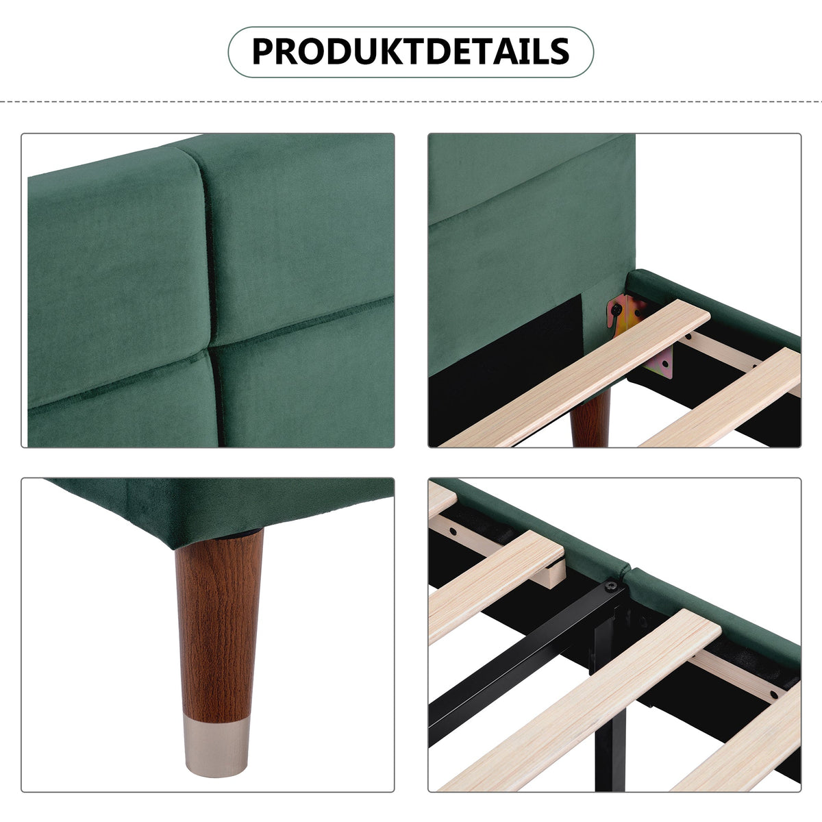 Upholstered Bed, Double with Slatted Frame, 140x200cm, Dark Green Velvet
