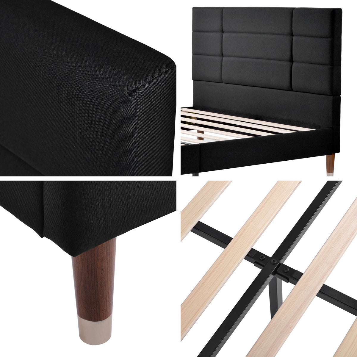 Upholstered bed, double with slatted frame 140x200cm, black linen